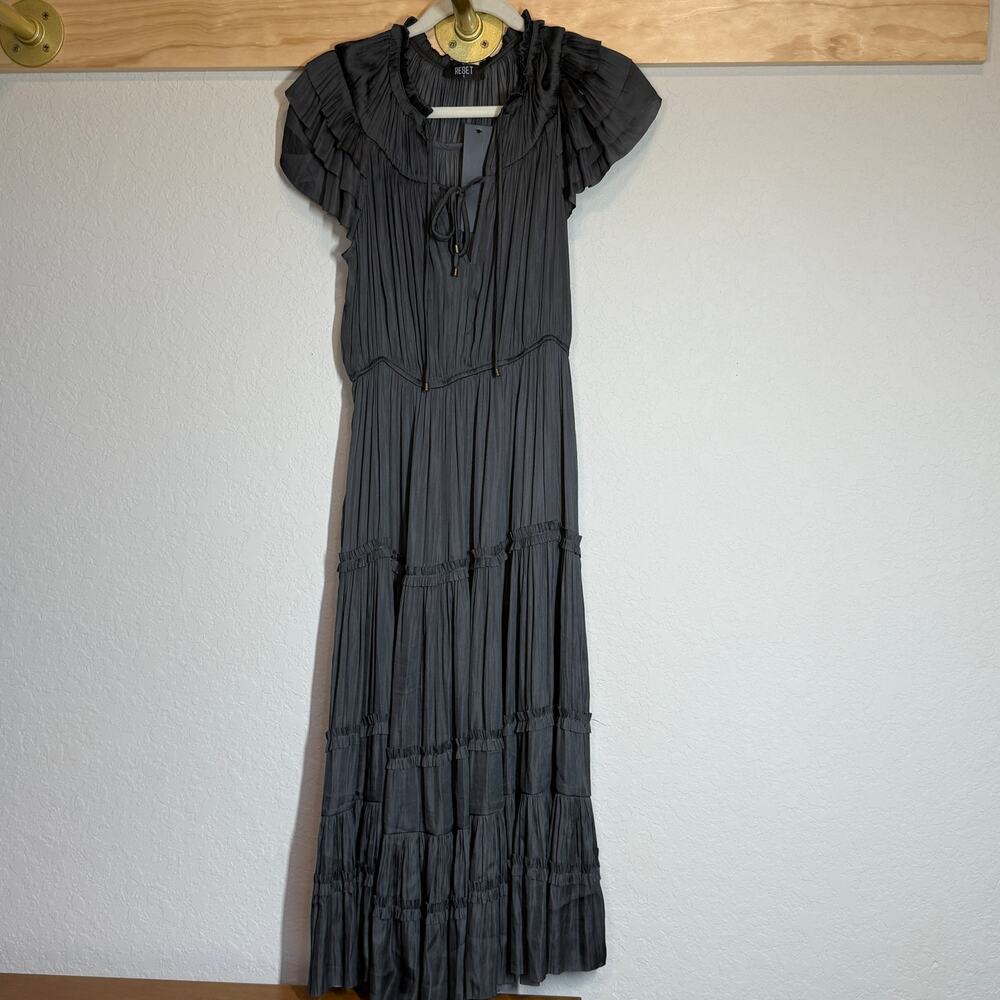Women's Reset Dark Gray Ruffle Sleeve Tiered Ruffle Midi Dress Size S NEW